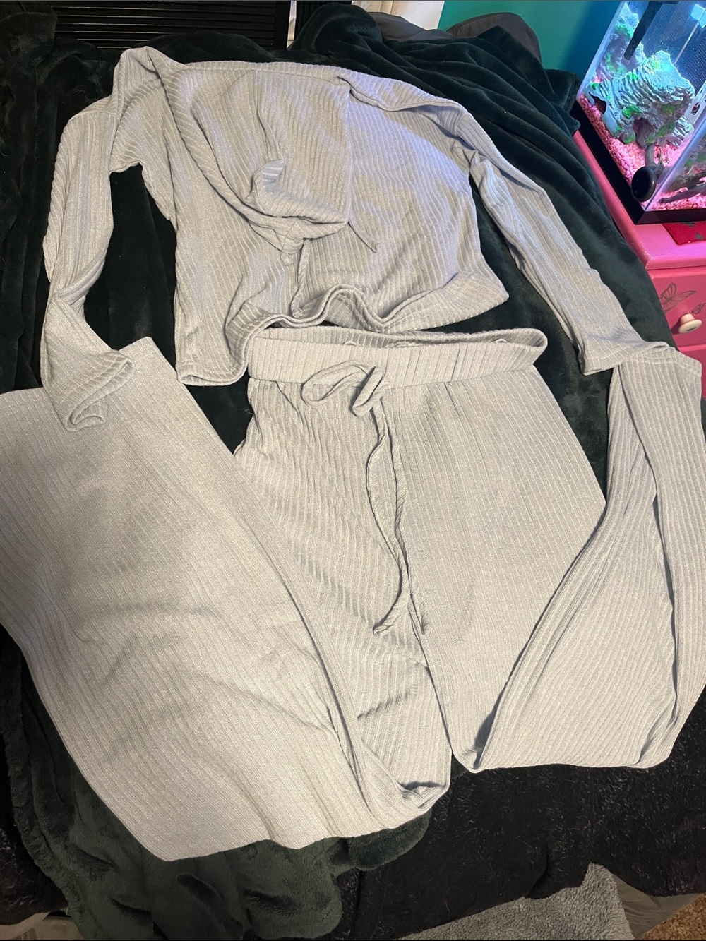 Ribbed Two-Piece Lounge Set in Light Gray - Women